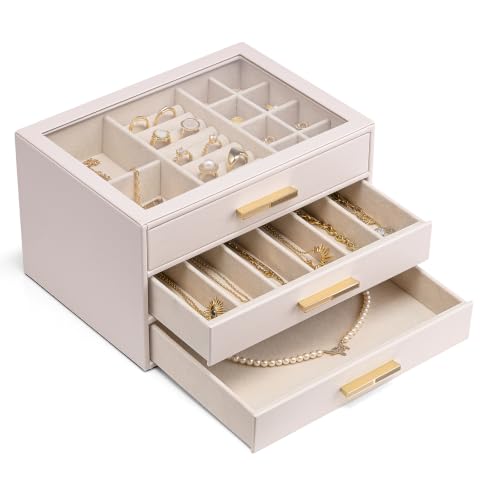 Vlando 3-Drawer Jewelry Box Organizer with Glass Lid, Pink Beige