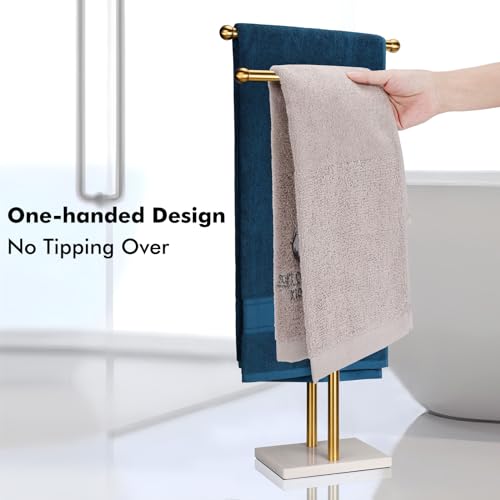 WAYDELI Stehender Handtuchhalter, Doppel-T-Form, hoher Badetuch-Lakenhalter mit Marmor-Design Basis für Badezimmer, 2-stöckiger Handtuchhalter, Ständer aus Edelstahl (gebürstetes Gold)