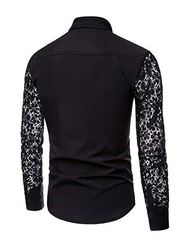 INVACHI Men's Sexy Lace See Through Shirts Blouse Long Sleeve Button Down Fishnet Sheer Shirts2