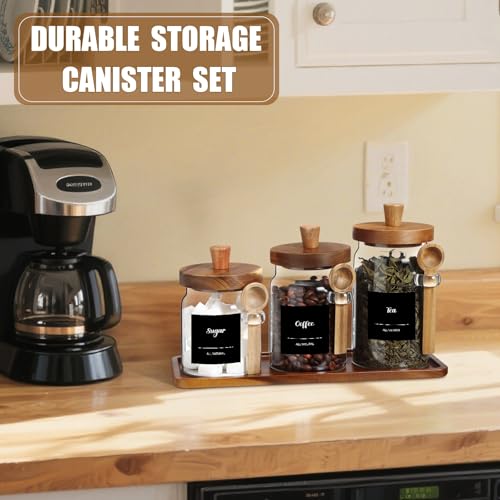 Image of Suclain 3 Pcs Glass Coffee Container Set, 13.5,20,25 oz, Acacia Brown | Coffee Tea Sugar Canister Set, Airtight Jar Food Storage with Wood Spoon Tray Labels, Kitchen Counter Bar Organization