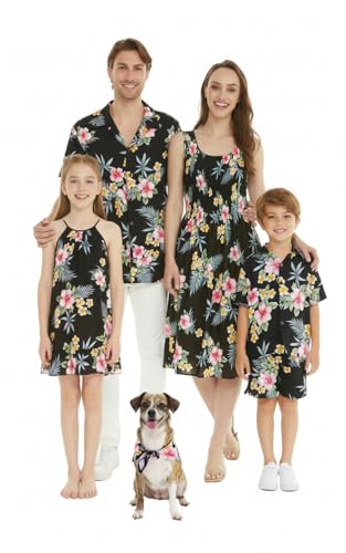 Image of Family Matching Hawaiian Clothes, Hibiscus Black | Black Hibiscus Print • Soft Rayon Fabric • Family Matching Outfits • Vacation Ready • Luau Party Wear