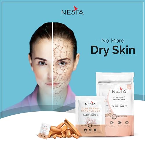 Image of Nesta Premium Sandalwood & Aloe Vera Facial Wet Wipes 100 Sachets | Face & Hand Cleansing Wipes | Alcohol Free, Paraben Free, Gentle on Skin | Travel Friendly Pocket Wipes, Face Tissue Towelettes for Men & Women