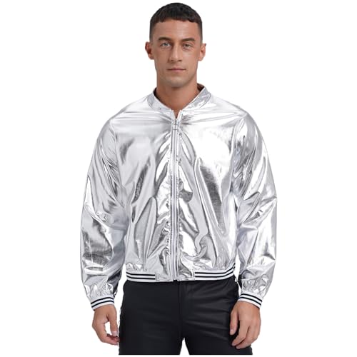 Jugaoge Chaqueta brillante para hombre, chaqueta ligera de entretiempo, manga larga, verano, chaqueta bomber, chaqueta deportiva al aire libre, Clubwear, plata, XXL