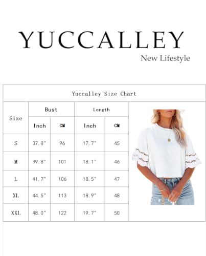 Yuccalley Women's Lace Short Sleeve Crop Tops Summer Casual Round Neck Tees4