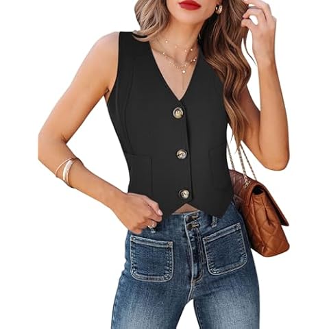 Fallorchid Women's Business Button Up Sleeveless Vest Crop Tops V Neck Jacket Waistcoat Cover