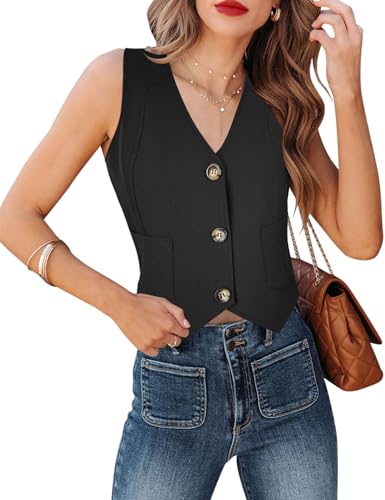 Fallorchid Women's Business Button Up Sleeveless Vest Crop Tops V Neck Jacket Waistcoat
