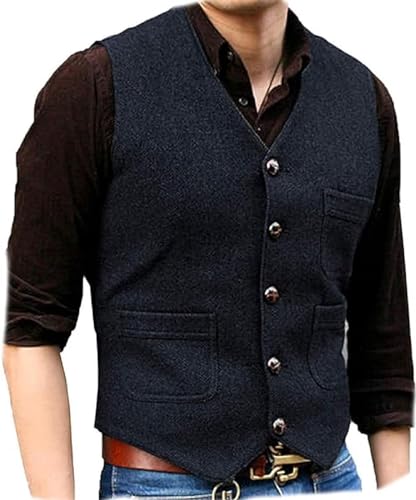Yarizm Mens Vintage Wool Suit Vest V Neck Herringbone Waistcoat for Wedding Groomsmen4