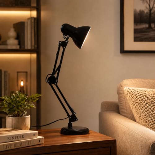 Image of One94Store Adjustable Metal Study Table Lamp with Flexible Neck & Swing Arm | E27 Bulb Holder with 2W Bulb Included | Button Control | Desk Lamp for Reading, Study, Office, Bedroom, Black