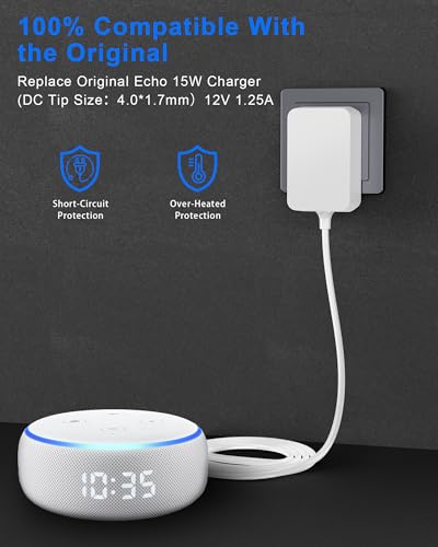 RENGOGA 15W Netzteil Compatible with Echo Dot 3/4 Gen Echo Dot mit Uhr 3/4 Gen Echo Dot Kids Edition 3/4 Gen Echo Show 5 (1./2. Gen.) Echo Spot Fire TV Cube. 12V/1.25A Ladegerät Netzadapter 1.5M Weiß