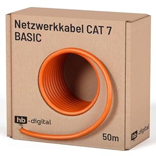 HB-Digital 50 m Cavo LAN CAT 7 fino a 10 Gbit/s rame professionale S/FTP PiMF AWG 23/1 guaina LSZH senza alogeni arancione cavo schermato per router switch modem PC smart TV patch RJ45 e console