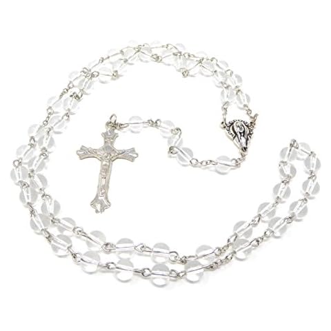 R. Heaven Clear glass Catholic rosary beads Our Lady center 6mm silver chain and cross Cover