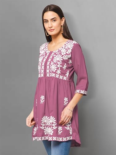 Image of Winza Designer Rayon Chikankari Embroidered Short Kurti | Plus Size Kurta Tunic Top