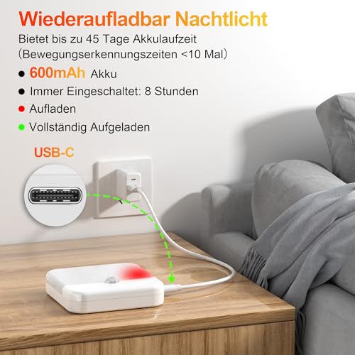 daphomeu 6 Stück Wiederaufladbare Nachtlichter mit Bewegungsmelder, 3 Lichtfarben + Dimmbar, Kabellose LED Treppenlichter für Schlafzimmer… – Ansicht 6