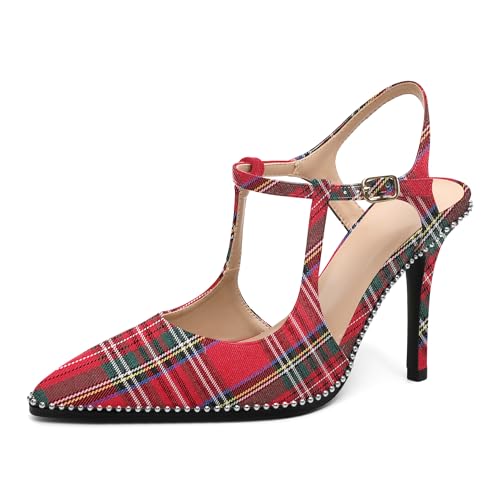 Image of SAMMITOP Womens High Heels Ankle Strap Pointed Toe Stilettos Patent Leather Beaded Pumps Dress Shoes 3.5 Inch