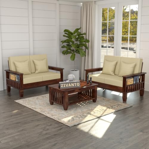 Image of Solid Sheesham Wood 4 Seater Sofa Set for Living Room | Premium Wooden Sofa with Cushioned Fabric Seats | Side Magazine Rack | Modern Furniture for Home & Office