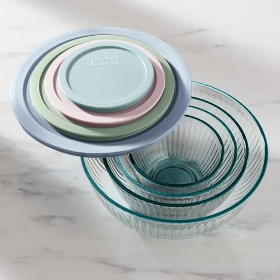Image of Pyrex Ribbed Glass Mixing Bowl Set with Pastel Lids, 8 Piece Nesting Set
