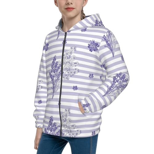 Stripes and Sprigs of Lavender Kids Pullover Hoodies Boys Zip Up Sweatshirts Girls Athletic Clothes with Pocket