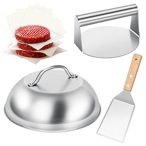 LEFUYAN Smash Burger Set 4-Teilig Burger-Set Edelstahl-Burgerpresse mit 50 Blatt Paraffinpapier Burgerglocke Melting Dome Burger Breite Spachtel Grill Zubehör für Outdoor und Indoor