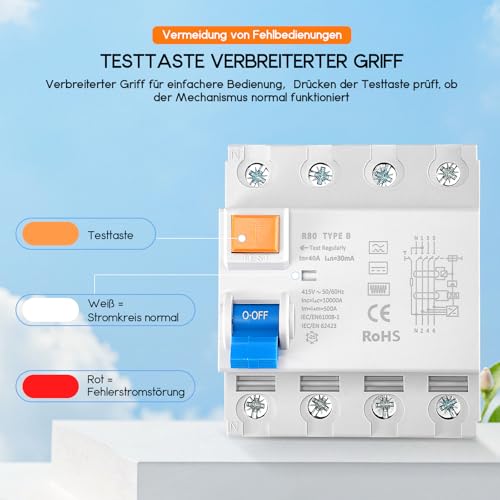 FI Schutzschalter Typ B 40A 30mA 4 Polig Allstromsensitiv RCD,für Photovoltaikanlagen,Wallbox Ladestationen,Wechselrichter,Fehlerstromschutzschalter mit 10kA Schaltvermögen für Drehstrom (40A)