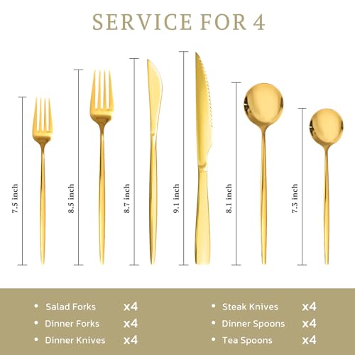 Image of Astercook 24-Piece Gold Silverware Set with Steak Knives Flatware Set for 4 Food-Grade Stainless Steel Cutlery Set Mirror Polished Utensils Set Include Spoons and Forks for Home Kitchen Restaurant