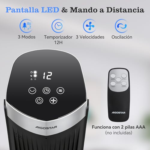 Miniatura 9 de Aigostar Ventilador De Torre Inteligente Con Mando A Distancia, Silencioso, 102 Cm, Pantalla Led, 3 Modos, 3 Velocidades, Temporizador 24 H, Oscilante, Wifi Bluetooth, Control App, Alexa Y Google Home
