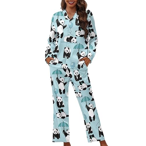 COEQINE Damen-Pyjama, 2er-Set, Nachtwäsche mit Tasche für den Alltag, Herbstkleidung, Übergröße, XS-4XL, Panda, 42