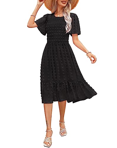 Image of Kranda Women 2025 Summer Spring Round Neck Flutter Short Sleeve Casual Swing Flowy Ruffle Smocked Swiss Dot Midi Dress