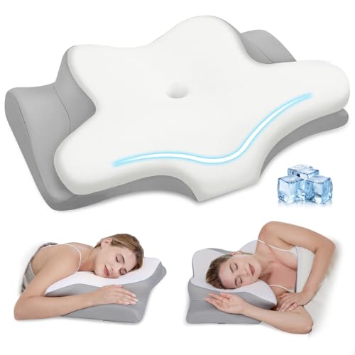 Image of Cervical Neck Pillow, Memory Foam Pillows for Neck and Shoulder Pain Relief, 2 Heights Ergonomic Pillow with Breathable Ice Silk Cover, Neck Support Pillow for Side Sleepers White