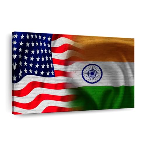 ElephantStock India And USA Flag Wall Art - Horizontal Wrapped Canvas - 1-Piece Living Room Wall Decor - Digital Art Flags Canvas Print - Blue and Red Decor - 39" X 26"