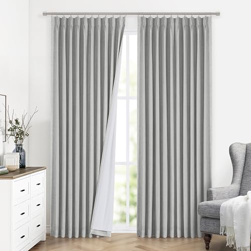 Image of Vision Home Light Gray Pinch Pleated Full Blackout Curtains Linen Blended 60 inch Wide Thermal Insulated Window Panels 95 inch for Bedroom Living Room Darkening Pleat Drapes with Hooks Back Tab 60 inchWx95Lx1