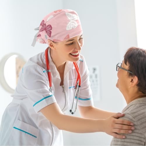Image of Butterfly Scrub Cap Women with Ponytail & Buttons Adjustable Surgical Nurse Hat with Cotton Sweatband for Long Hair