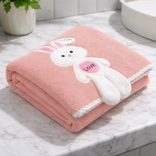 Image of Story@Home Kids Microfiber Bath Towel with Bunny Design | Quick Dry & Soft | 300 GSM | 120 x 70 cm | Lightweight Pool, Beach & Bath Towel for Boys & Girls | Peach Blush