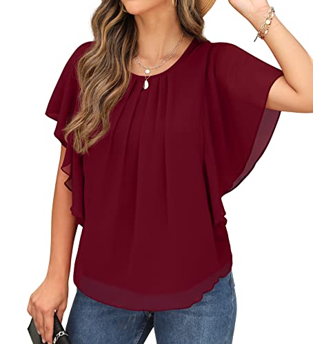 QIXING Women's Summer Casual Loose Short Sleeve Round Neck T-Shirt Chiffon Tops Blouses Wine Red-Large