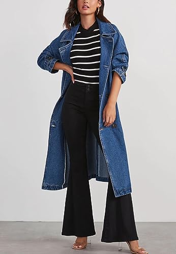 chouyatou Women's Vintage Midi Long Jean Jacket Loose Fit Double Breasted Denim Jacket Trench Coat with Belt3