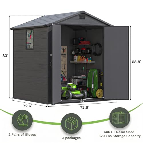 Image of Devoko 6x6 FT Plastic Storage Shed with Floor, Outside Tool Storage Shed for Patio Garden Backyard, Dark Gray