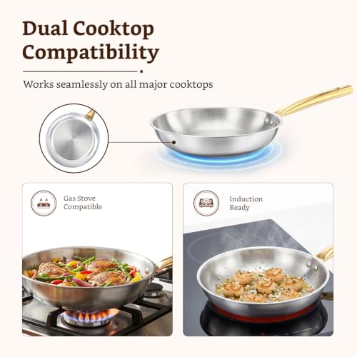Image of Amazon Brand - Solimo Premium Triply Stainless Steel Frypan with Lid 24cm (1.7L) | Even Heating | Gas & Induction Compatible | SS 304 Food-Grade | Dishwasher Safe |Elegant Golden Handles |BIS Certified