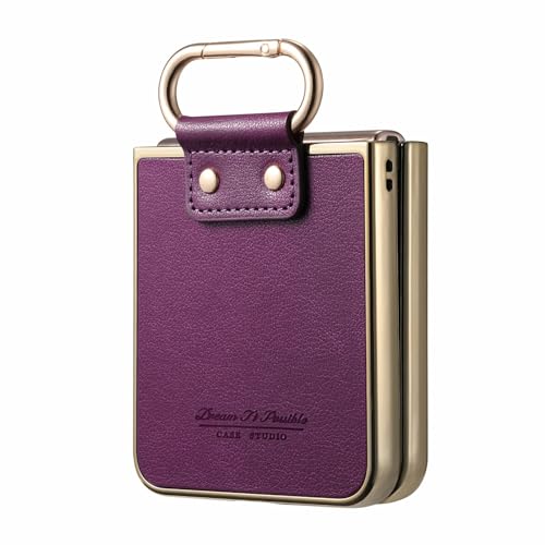Image of for Motorola Razr 50 Ultra 5G Case Electroplating Leather Coated PC Phone Cover with Spring Ring Buckle Kickstand - Purple
