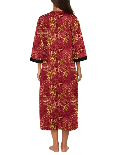 Image of Ekouaer Women Zipper Robe 3 /4 Sleeves Loungewear Dress Full Length Sleepwear Pockets Housecoat Nightgown Long Bathrobe