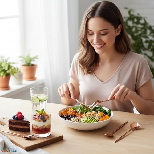 Image of Slim Handle Rose Gold 8 Pcs Stainless Steel Cutlery Set for Dining Table, Dishwasher Safe Glossy Flatware (2 Spoon Set + 2 Forks Set + 2 Butter Knife + 2 Dessert Spoon)