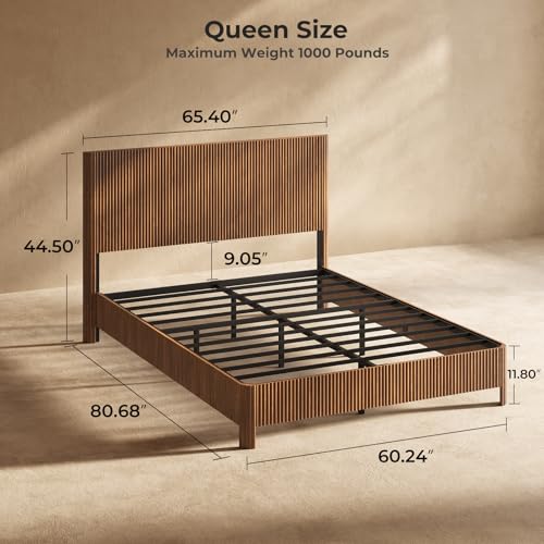 Image of Evermagin Walnut Queen Bed Frame with Headboard, Mid Century Modern Fluted Platform Bed, Boho Wooden Bed Base No Box Spring Needed, Wavy Grooved Panel