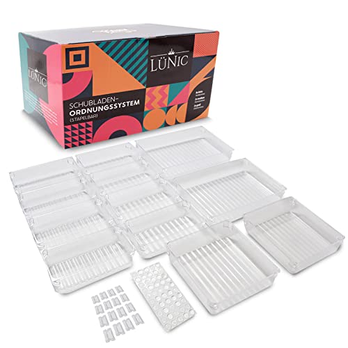 LÜNIC Schubladen Ordnungssystem Kunststoff 12 Teile [3 verschiedene Größen] - Sortierbox Schubladen Organizer Aufbewahrungsbox