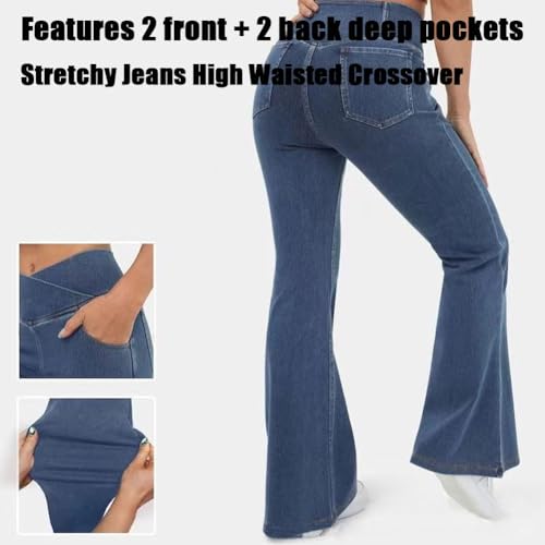 Stretchy Jeans High Waisted Crossover, High Waist Crossover Jeans, Pocket Stretchy Casual Flare Jean for Women2