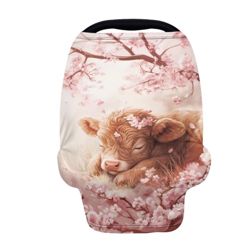 Image of Wanyint Highland Cow Flower Pink Infant Car Seat Cover Cute Car Seat Cover for Babies, Carseat Canopy Baby Breastfeeding Stroller High Chair Shopping Cart Cover