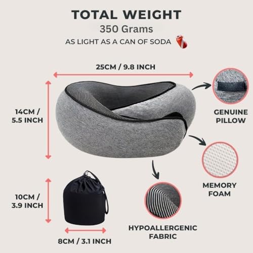 Image of Umerci Travel Pillow for Flights & Car - Memory Foam Travel Neck Pillow for Travel, Neck Pillow for Travelling, Neck Rest Cushion for Sleeping, | Comfortable Head Support Pillow with Eye Mask (Grey)