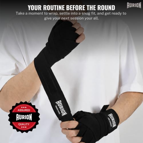 Image of Aurion 4.5 Meter Boxing Hand Wraps (180 Inch) | Professional Elastic Polyester-Cotton Handwrap for Boxing, MMA, Muay Thai & Heavy Bag | Durable Wrist & Knuckle Protection | Black (Pair)