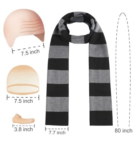 HEYFIZZ 4 Pcs Halloween Costume Accessories for Adult,Black Gray Striped Scarf/Fake Nose/Bald Cap for Men Cosplay Set - Thumbnail 3