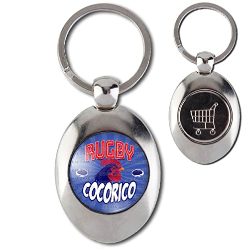 Badgmania Porte Clés Métal Ovale Jeton de Caddie Rugby Cocorico - Coq - Fond Bleu Cover