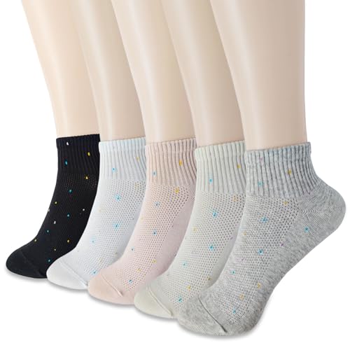 zrylibya Women Cute Ankle Socks Hollow Out Mesh Colorful Polka Dots Breathable Socks 5 Pairs
