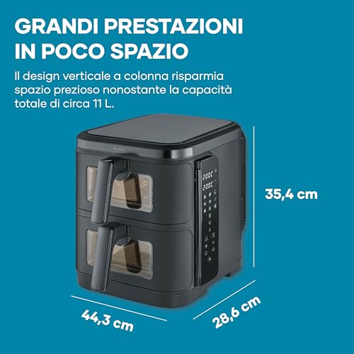 Severin Friggitrice Ad Aria Duo Stack, 2 Cestelli Da 5,5L, Design Verticale Salvaspazio, 9 Programmi Automatici, Sync Cook & Finish, Cottura Senza Olio, S-Fry, 2800W, Nero, Fr 9598 - 10