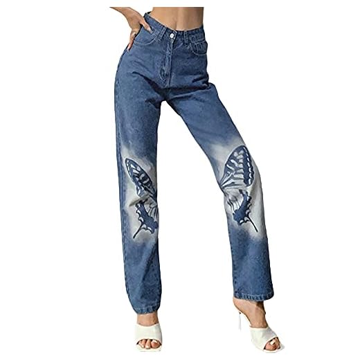 Dam säckiga jeans lapp flare jeans hög midja lösa Y2k jeans E-girl street wear byxor flare jeans, fjärilsblå, S